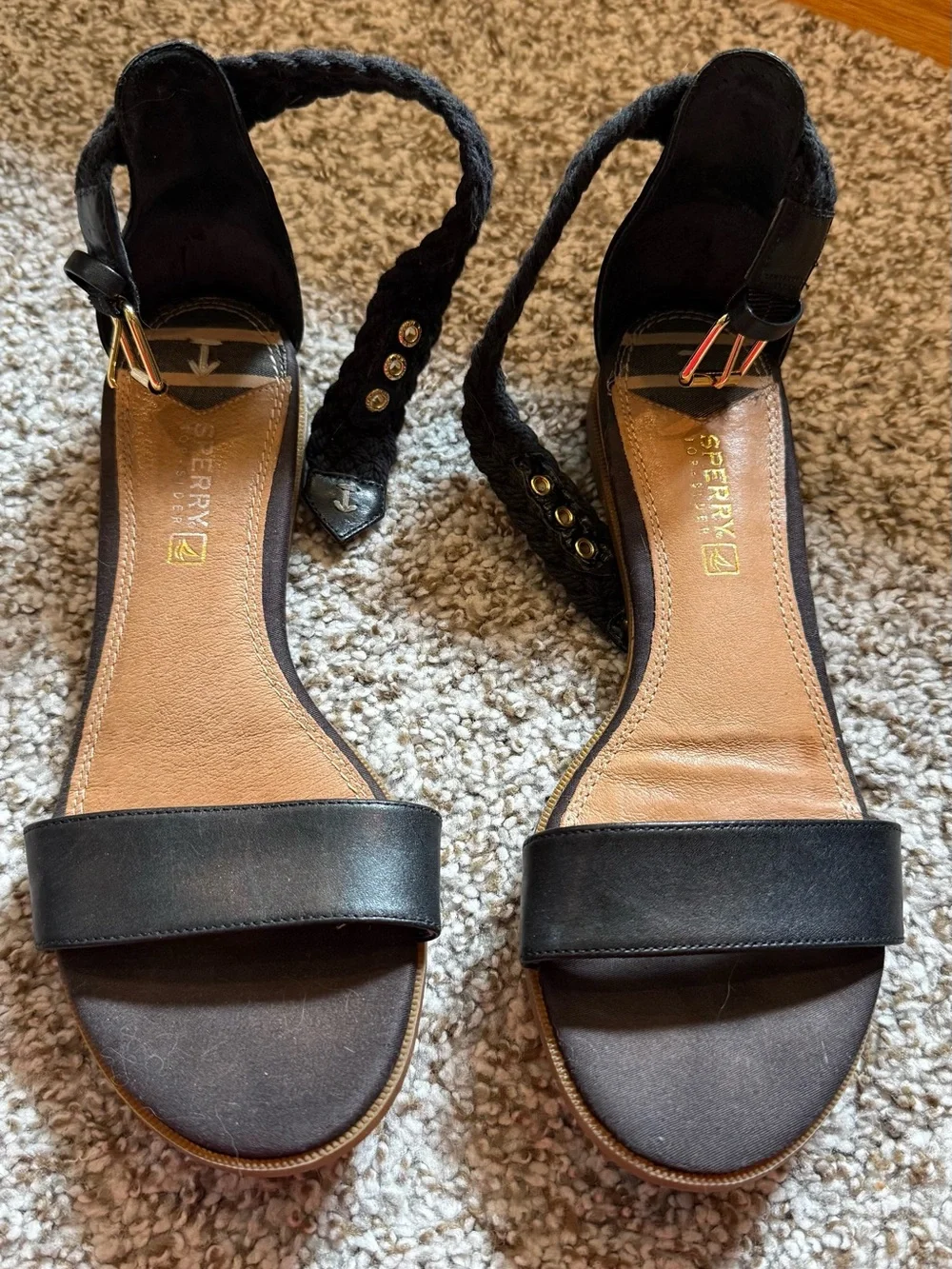 Sperry Black Braided Ankle-Strap Flat Sandals 8